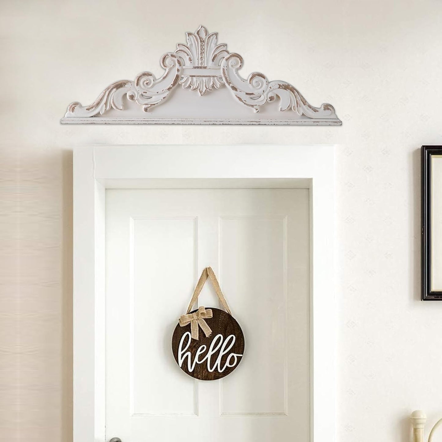 SOFE 39 inch Floral Carved Wall Sculptures French Country Wall Decor, Gorgeous Shabby Chic White Wood Wall Art, Arabesque Over The Door Decor for Farmhouse Living Room Bedroom Entryway Kitchen