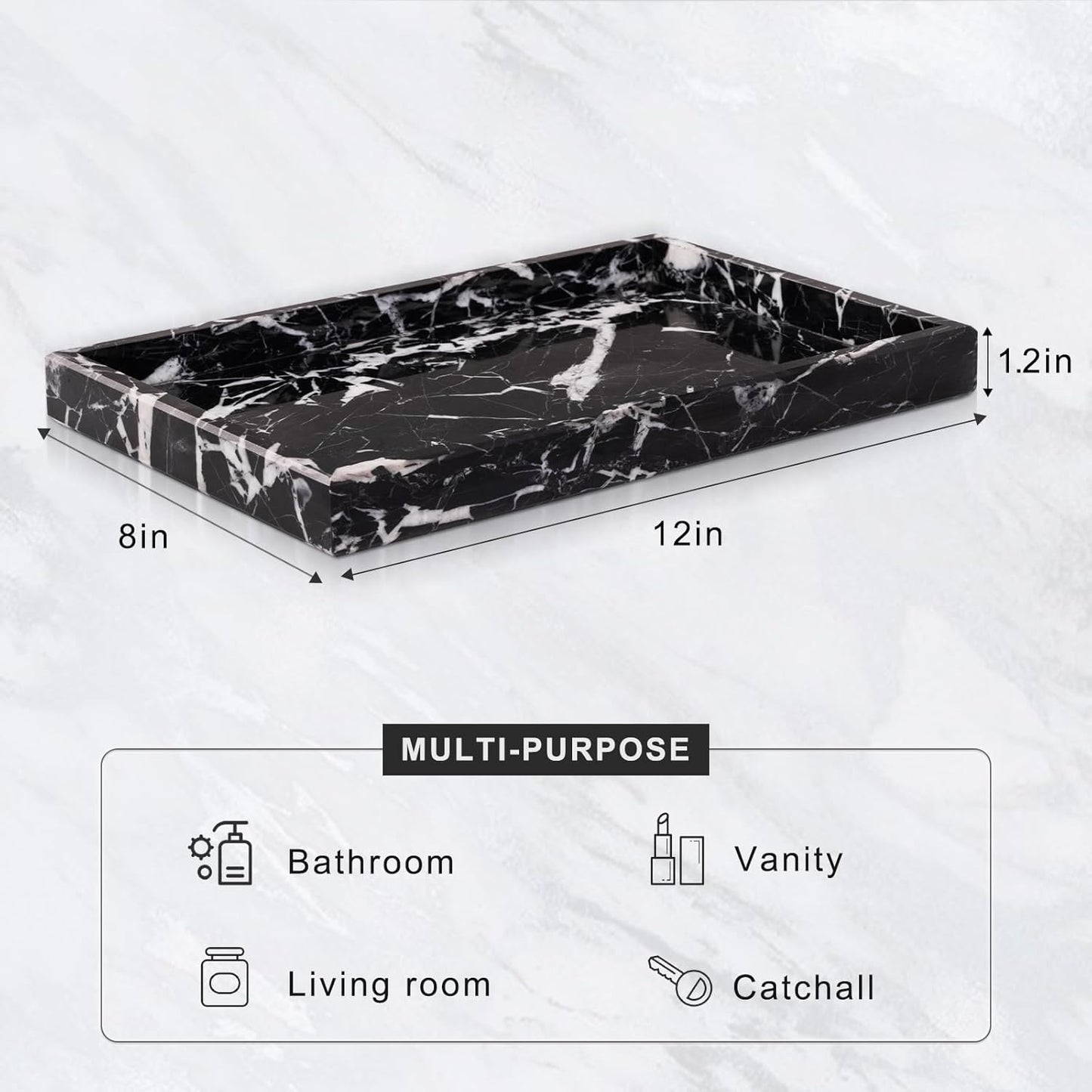 Marble Bathroom Tray for Countertop & Home Decor, Natural Decorative Marble Tray for Jewelry & Perfume Organizer, Luxury Stone Vanity Trays for Dresser, Kitchen Counter, 12" x 8", Gray Black