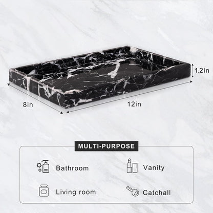 Marble Bathroom Tray for Countertop & Home Decor, Natural Decorative Marble Tray for Jewelry & Perfume Organizer, Luxury Stone Vanity Trays for Dresser, Kitchen Counter, 12" x 8", Gray Black