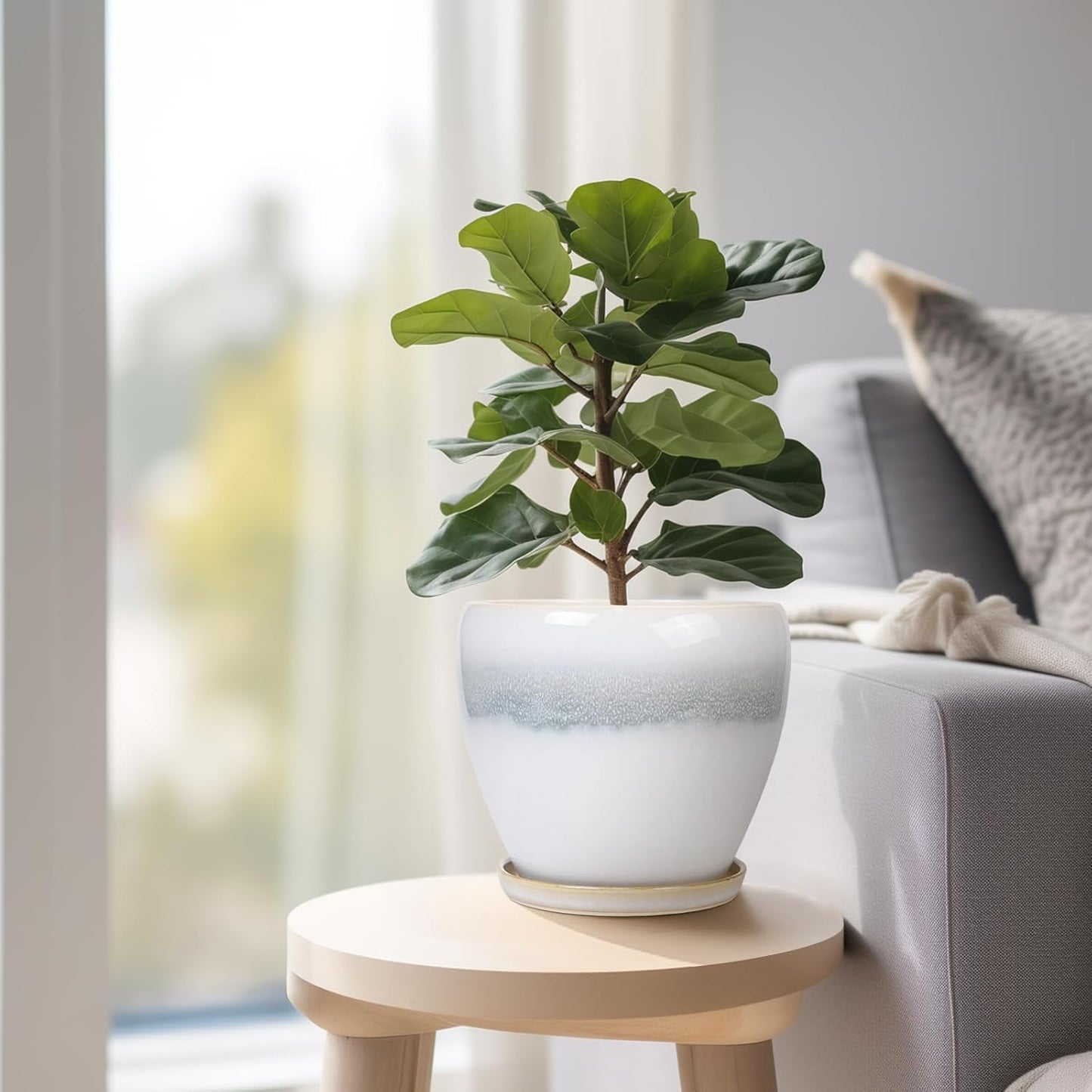 10 Inch Ceramic Planter Pot Round Plant Pot for Indoor Plants Outdoor Large Flower Pot with Drainage Hole and Saucer Blue