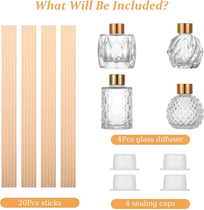 4 Piece Reed Diffuser Set, 3.5-4.2oz Empty Bottles and 20 Reed Sticks, Unique Design for Home and Office
