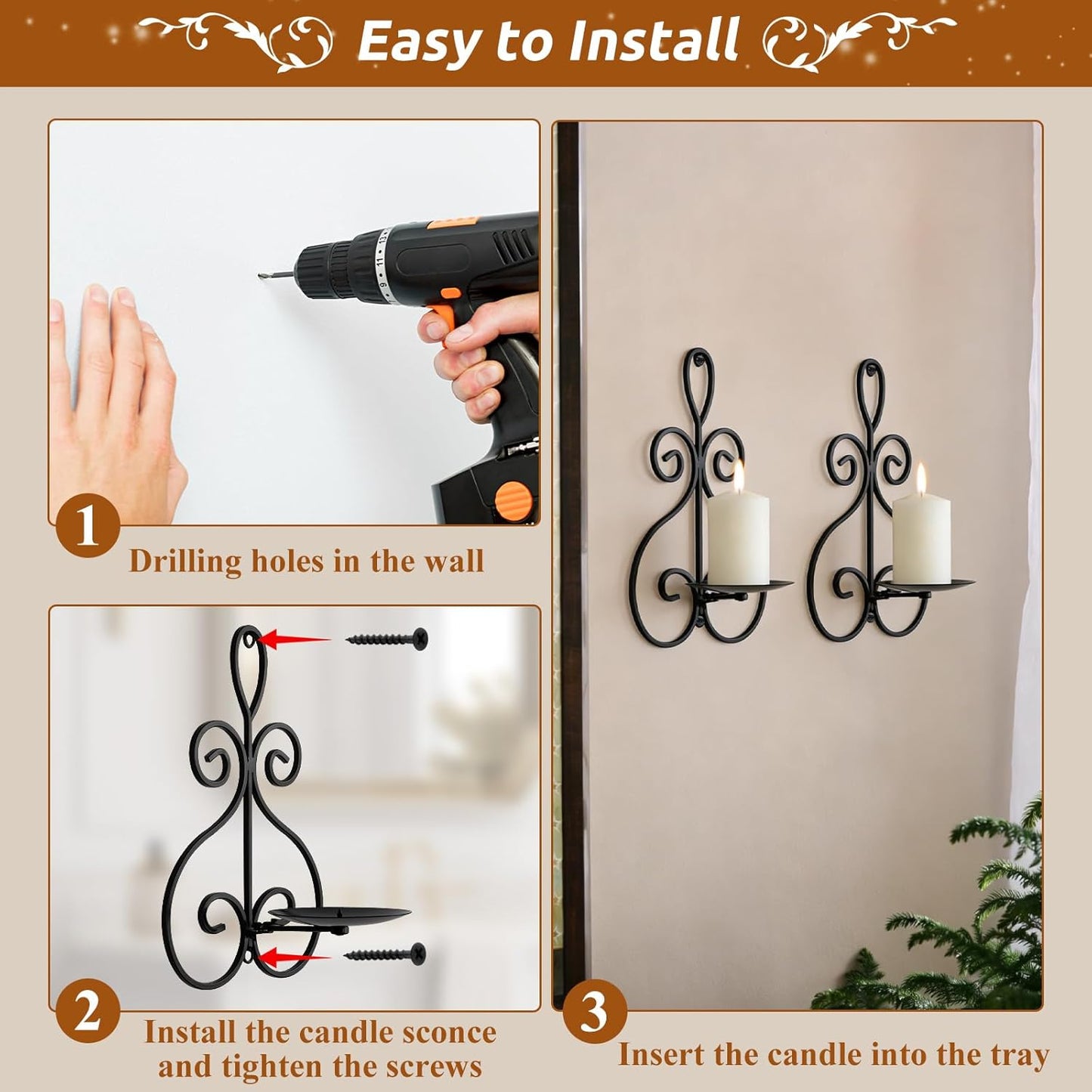 Wall Candle Sconces Set of 2, Double Scroll Pattern Candle Sconces, Metal Wall Candle Holder for Home Decor, Living Room, Dining Room, Bedroom, Black, Gifts for Men Women Mom or Dad