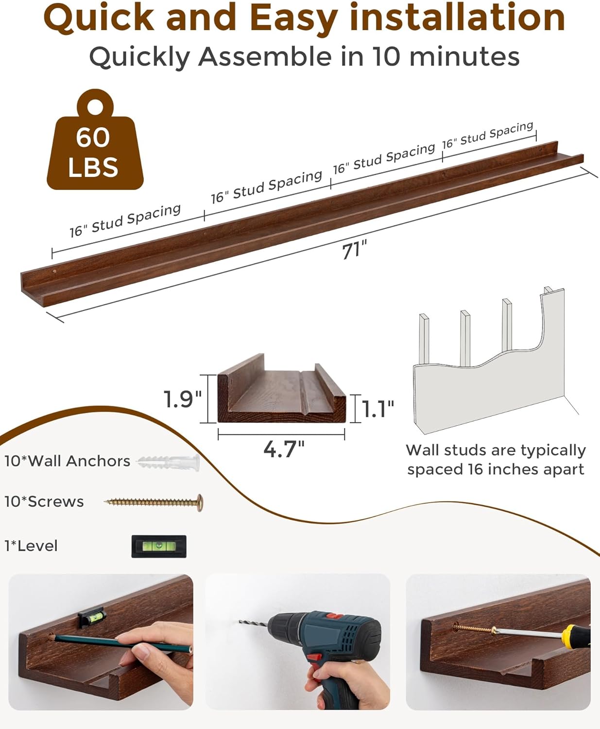 Axeman Oak Picture Ledge Shelf, 48 Inch Floating Shelves Set of 2, Solid Oak Wood Wall Shelves with Lip, Wall Decor Storage for Bedroom Living Room Bathroom Kitchen Nursery Photo Picture, Natural Oak