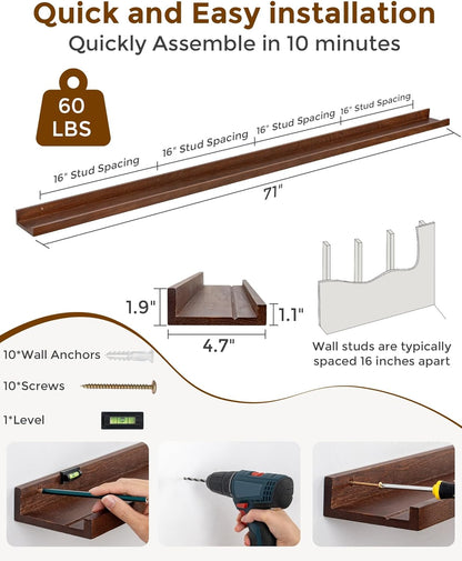Axeman Oak Picture Ledge Shelf, 48 Inch Floating Shelves Set of 2, Solid Oak Wood Wall Shelves with Lip, Wall Decor Storage for Bedroom Living Room Bathroom Kitchen Nursery Photo Picture, Natural Oak