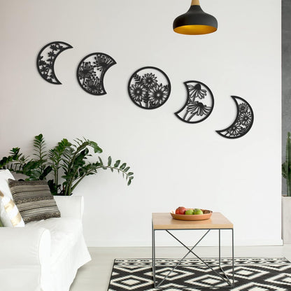 Jetec 5 Pcs Moon Phase Wall Art Decor Wall Pediments Hanging Wooden Phase Spiritual Bedroom Nordic Boho Lunar Aesthetic Art for Living Room Dorm Apartment Ornament(Brown,10.6 Inch,Botanical)