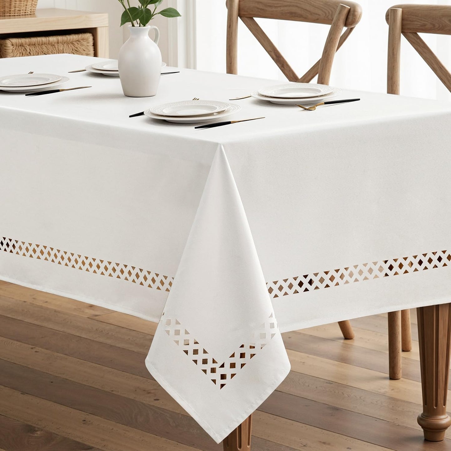 MIULEE Beige Rectangle Linen Polyester Tablecloth with Decorative Cutouts Spring Waterproof Stain Resistant & Shrink-Proof Table Cloth 52x70 inch Farmhouse Style for Dining Wedding and Outdoor