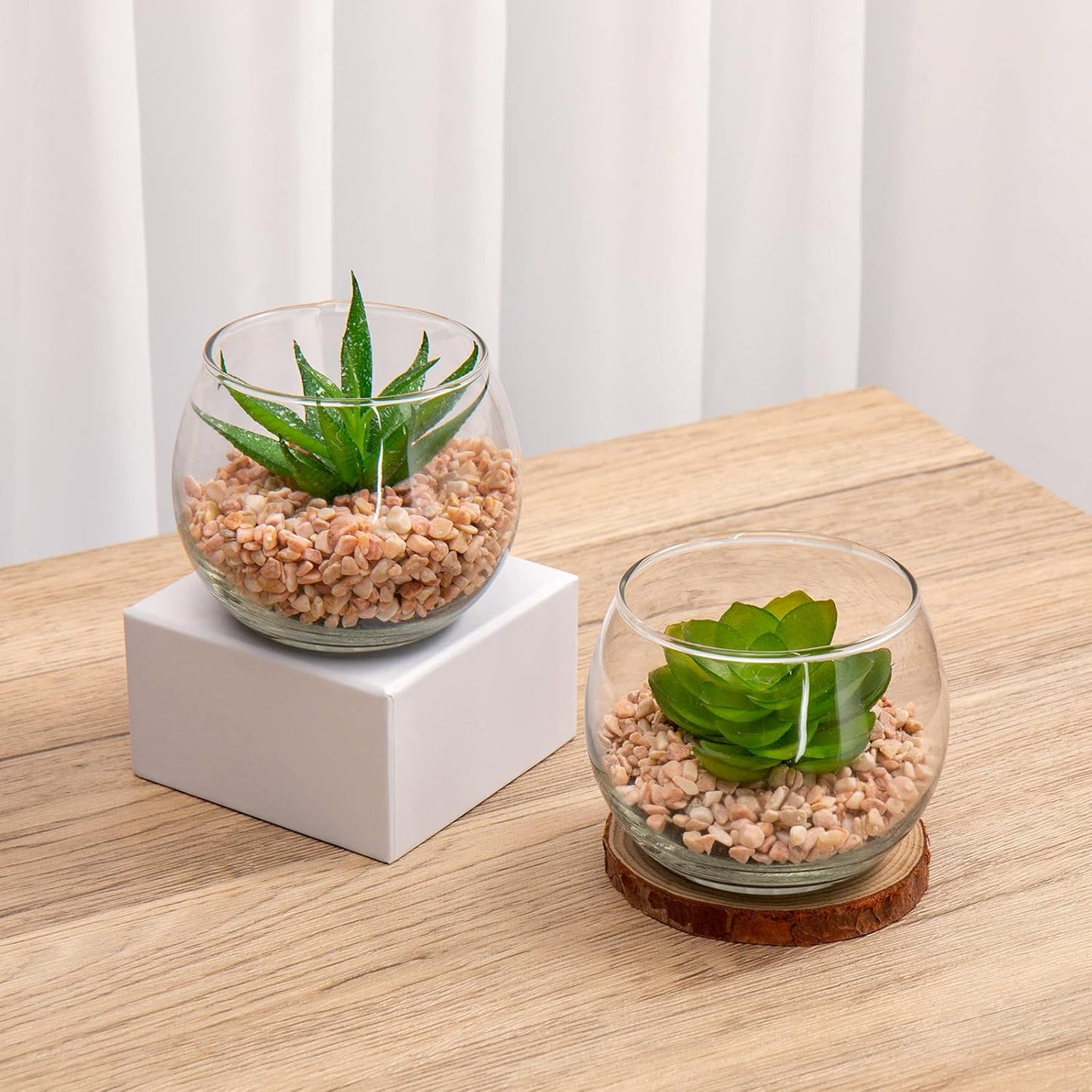 Briful Mini Fake Plants 4 Packs Succuletns Artificial Potted Plants in Cube Glass Vase Faux Succulents for Bathroom Living Room Kitchen Shelf Table Decor