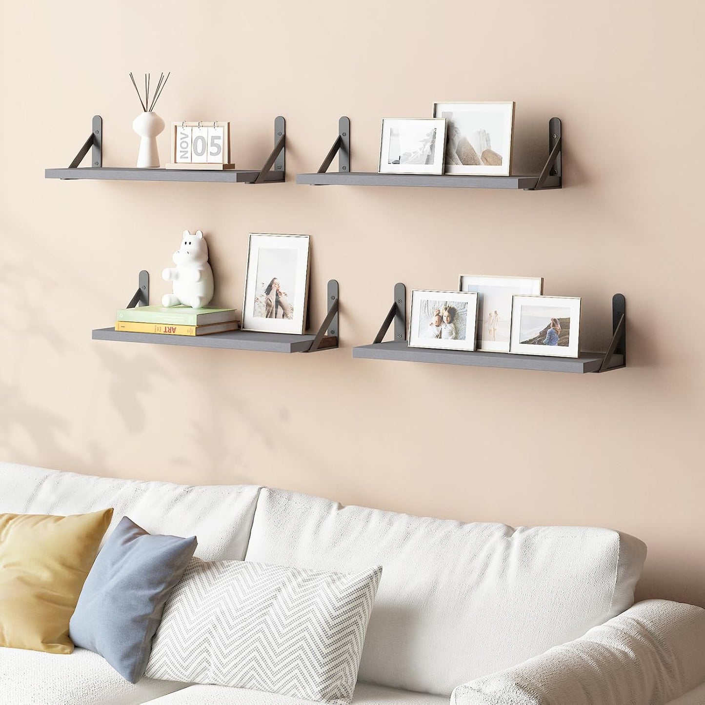 YGEOMER Brown Floating Shelves for Wall, 16.5 Inch Farmhouse Wall Shelves for Bedroom, Bathroom Storage, Living Room and Kitchen Decor (Set of 6 Brown)