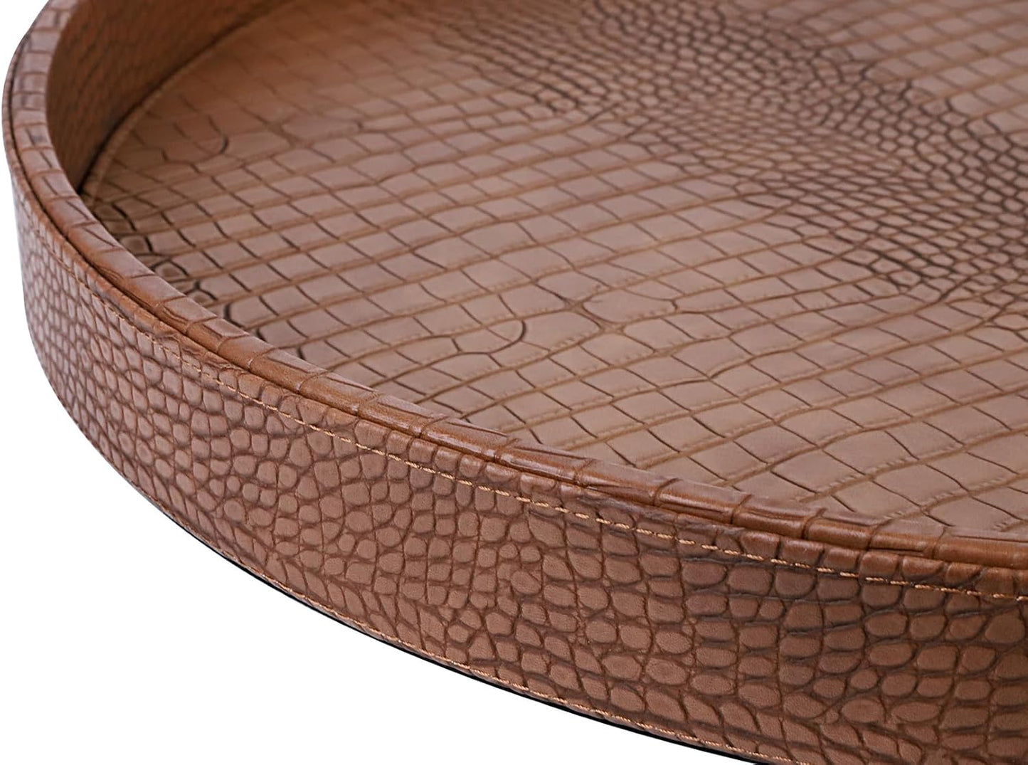 HofferRuffer Round Serving Tray 20'', Elegant Faux Leather Circle Ottoman Table Tray, Serve Tea Coffee Breakfast in Bedroom Living Room Kitchen (Brown)