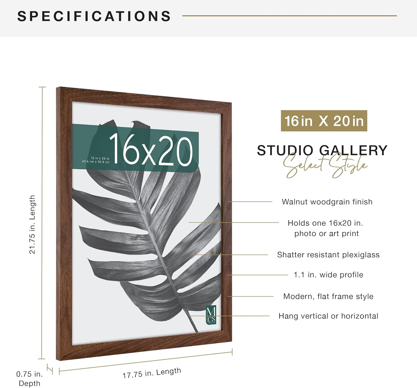 MCS Studio Gallery 16x24 Poster Frame Black Woodgrain Engineered Wood, Vertical & Horizontal Wall Hanging Large Picture Frame for Photos, Posters & Art Prints (1-Pack)