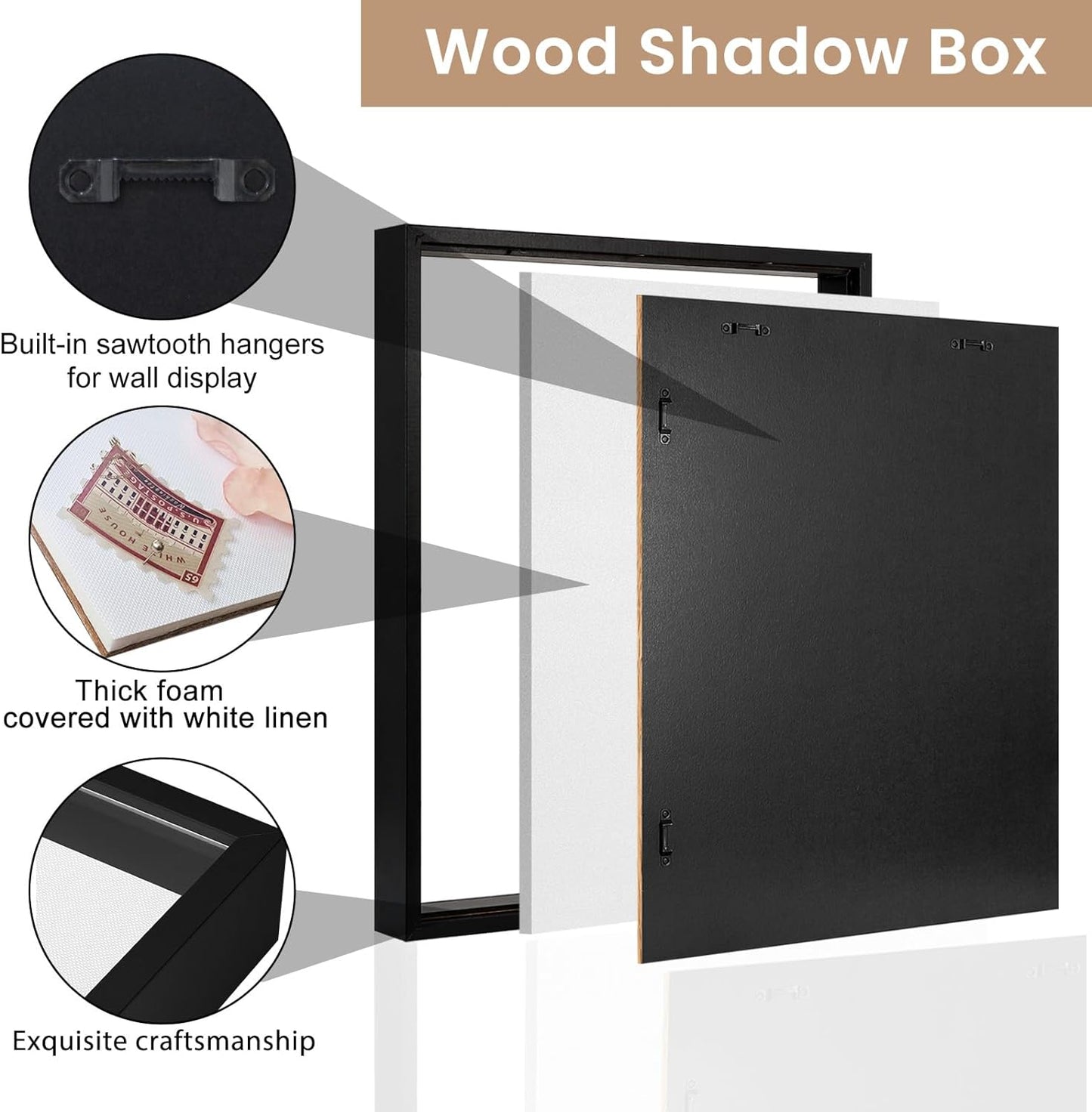 Califortree 8x8 Shadow Box Frame with Soft Linen Back - Push Pins Included, Memory Box Display Case for Flower, Tickets and 3D Items, Black