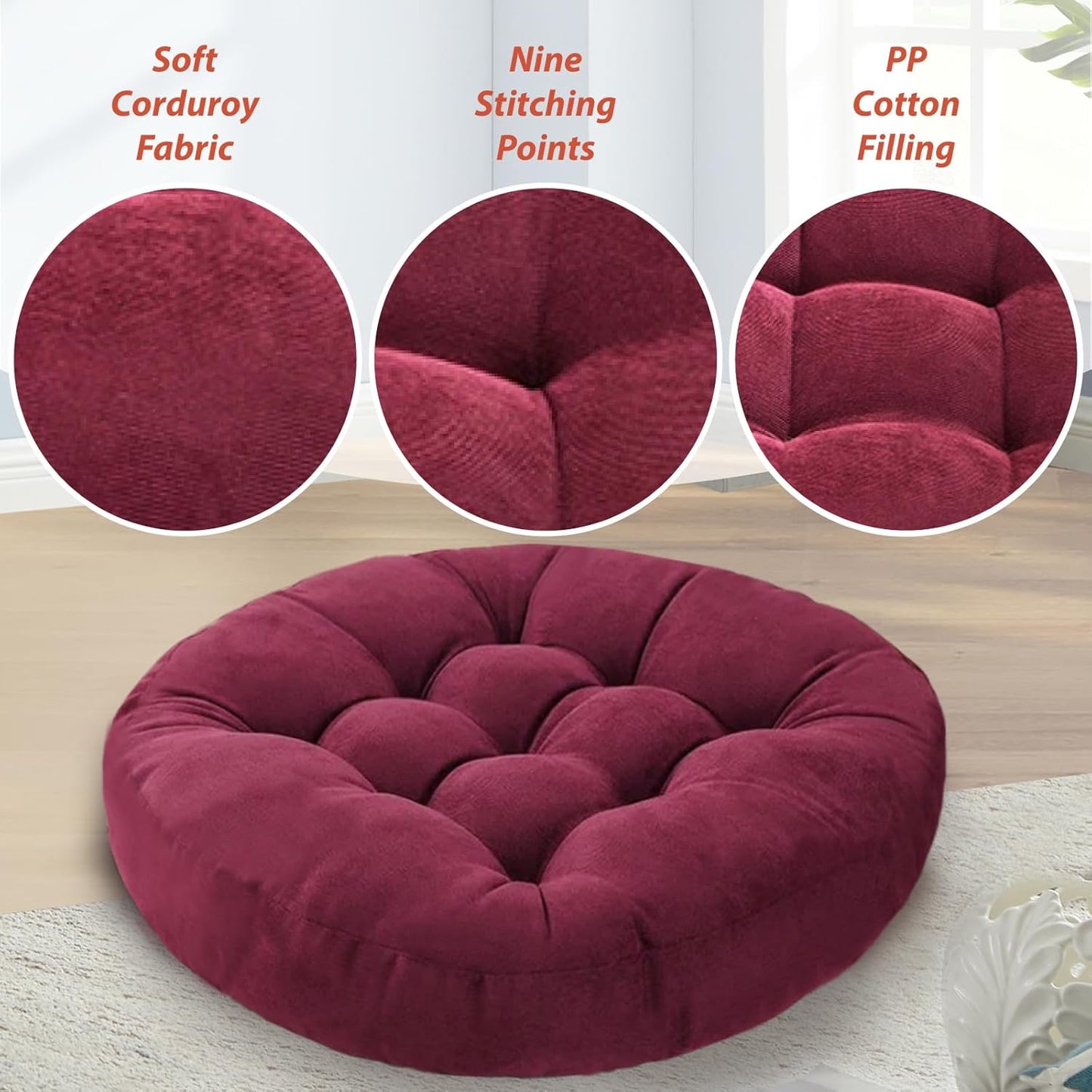 Meditation Floor Pillow Set of 2 Large Round Floor Cushions for Adults Tufted Corduroy Floor Seat Pillows Cushion for Living Room,Wine Red 16.5" Lx16.5 Wx3 H