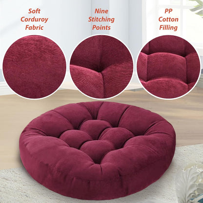 Meditation Floor Pillow Set of 2 Large Round Floor Cushions for Adults Tufted Corduroy Floor Seat Pillows Cushion for Living Room,Wine Red 16.5" Lx16.5 Wx3 H