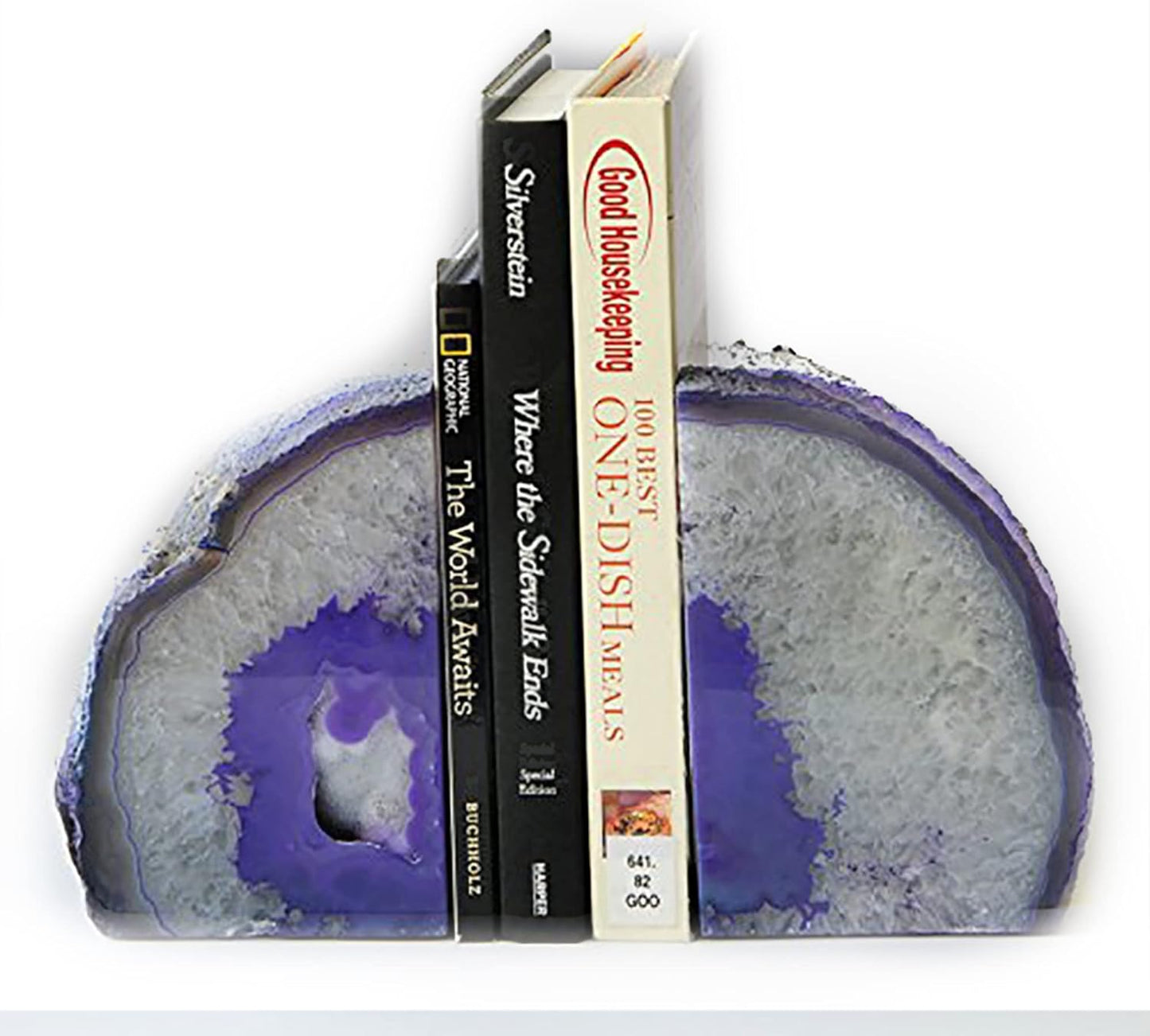 JIC Gem Dyed Blue Agate Bookends Geode Decorative Book Ends for Heavy Books with Rubber Bumpers for Office and Home Decoration Polished Small Size 2 to 3 Lbs