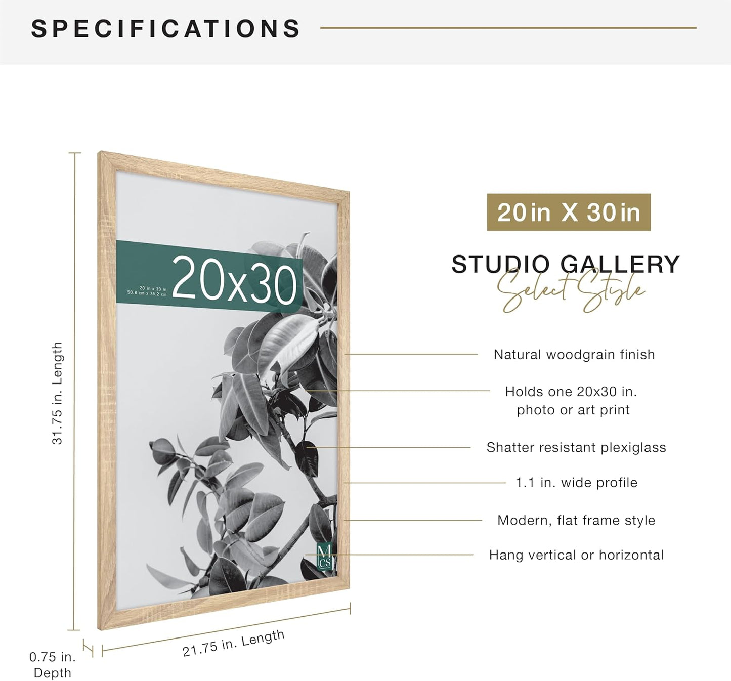 MCS Studio Gallery 16x24 Poster Frame Black Woodgrain Engineered Wood, Vertical & Horizontal Wall Hanging Large Picture Frame for Photos, Posters & Art Prints (1-Pack)