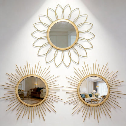Boho Sunburst Wall Mirror Set of 3, 12 Inch Round Antique & Modern Metal Wall Art, Hanging Over The Door Mirrors for Wall Decor in Living Room, Bedroom, Bathroom, Entryway（Gold）
