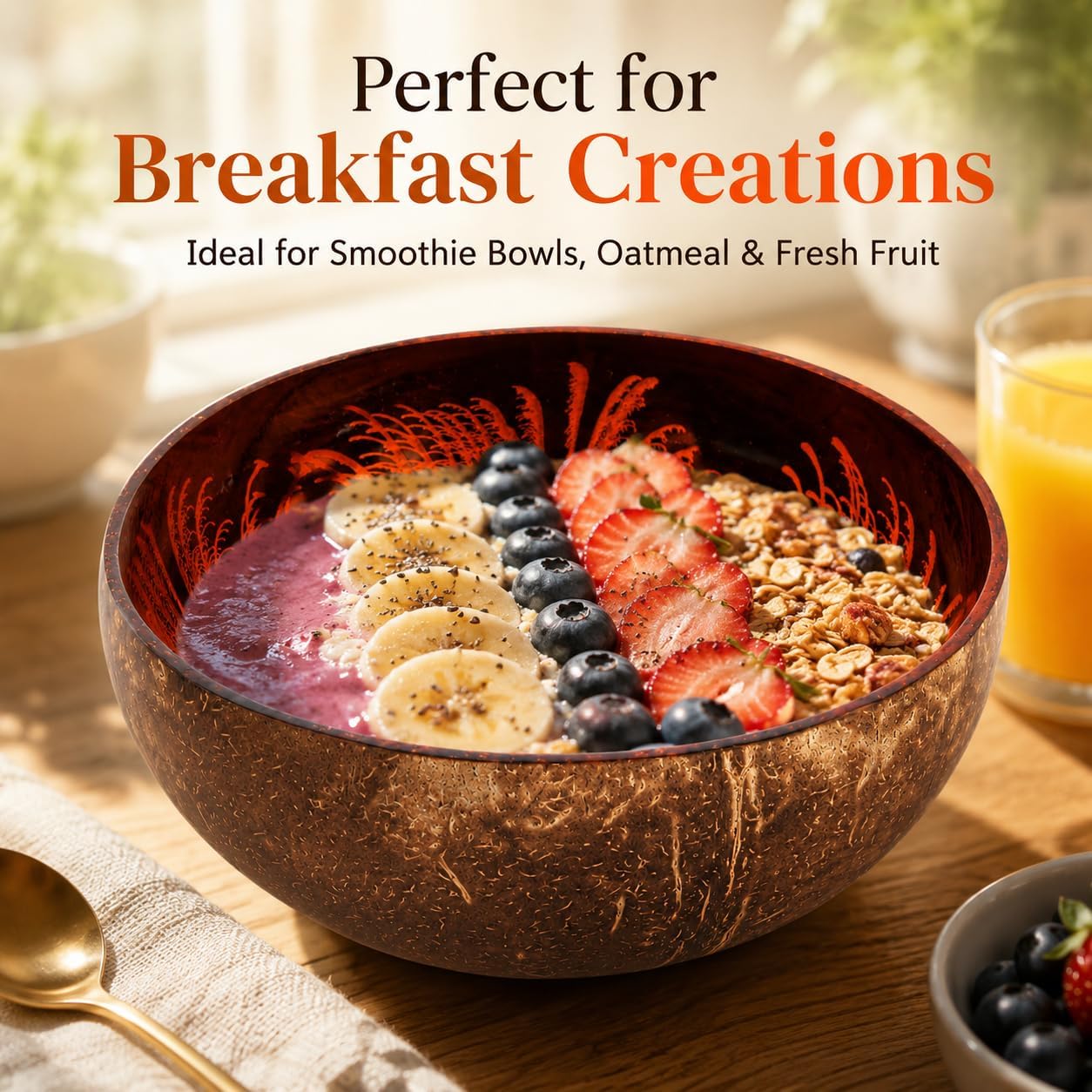 ChezMax Natural Coconut Bowl with Mother of Pearl Inlays - Key Bowl & Fruit Snack Holder (Blue-Gold)
