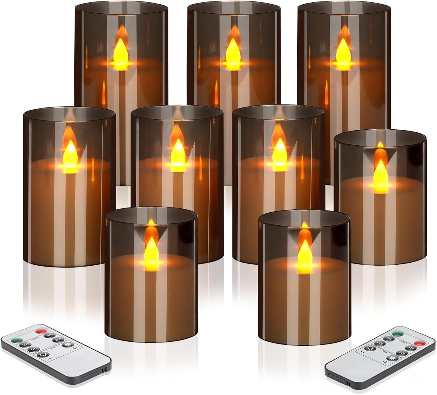 wemarry Flameless Candles 4" 5" 6" Acrylic Glass Pillars 3" Diameter Battery Operated Flickering Candles Include 8-Key Remote with Timer Function 400+ Hours (Gray, Warm Light 3 Pack)