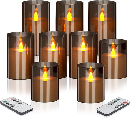 wemarry Flameless Candles 4" 5" 6" Acrylic Glass Pillars 3" Diameter Battery Operated Flickering Candles Include 8-Key Remote with Timer Function 400+ Hours (Gray, Warm Light 3 Pack)