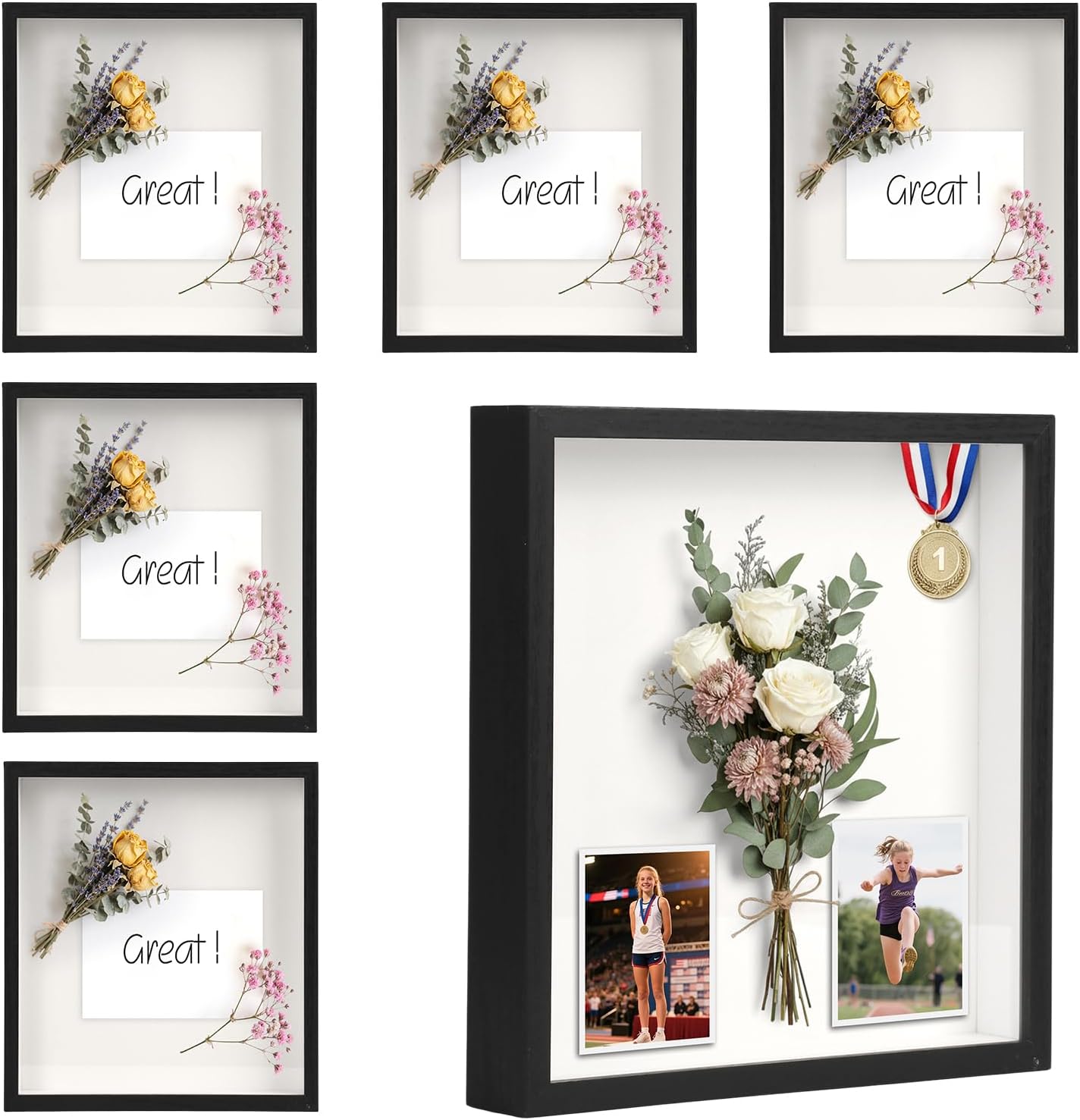 6 Pcs Shadow Box Frame - 5x5 Square Frame Display Case for Sports Memorabilia & Wedding Keepsakes - Wall Mountable Display Box for Medals, Photos, Dried Flowers (Black)