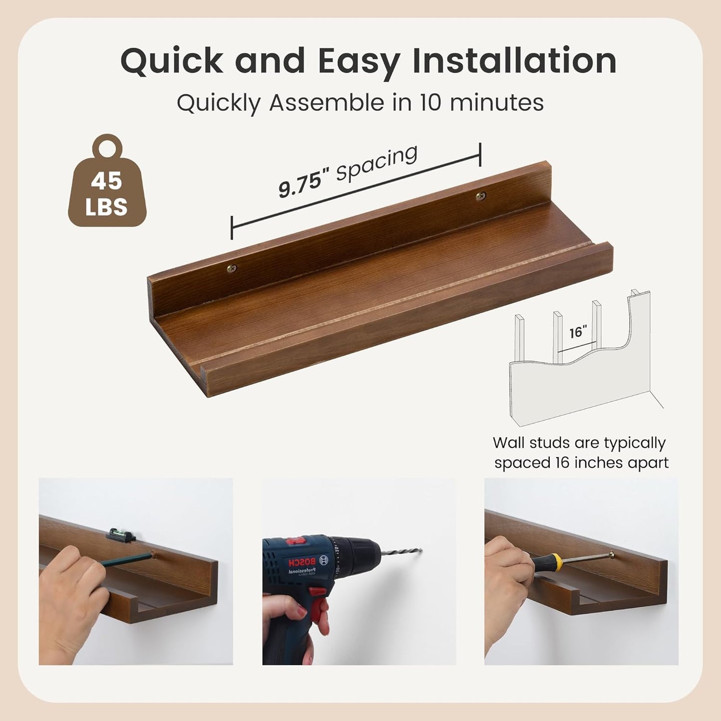FLYJOE Picture Ledge Shelf, Floating Shelves Set of 2, Solid Pine Wood 55'' Long Large Nursery Book Shelves for Toys Storage, Kids Bookshelf for Living Room Bedroom Decor Books Photo Frames, Walnut