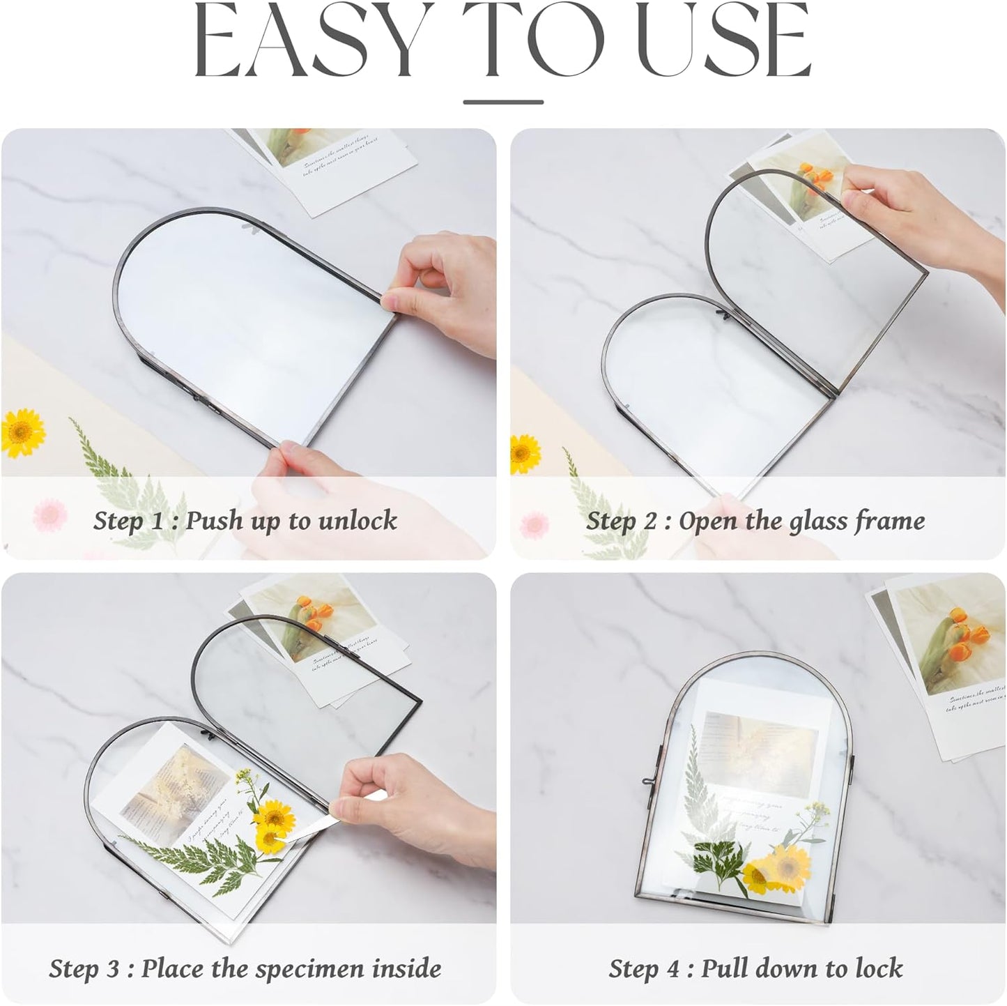 REDHUGO Double Glass Frame for Pressed Flowers Handmade, Metal Floating Picture Frame for Pressed Flower, Tabletop Display, Brass, ArcShaped, Black, 4x6 inches (FRAME ONLY)