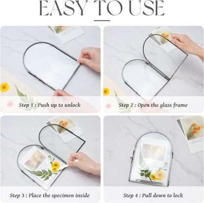 REDHUGO Double Glass Frame for Pressed Flowers Handmade, Metal Floating Picture Frame for Pressed Flower, Tabletop Display, Brass, ArcShaped, Black, 4x6 inches (FRAME ONLY)