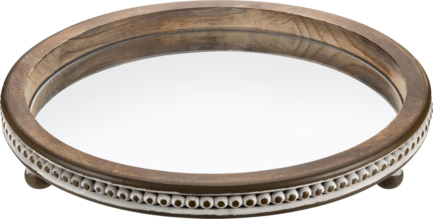 KULEDM Handmade Wooden Decorative Tray, Small Beaded Coffee Table Tray Decor, Sage Round Serving Tray for Coffee Table, Dining Room Table Entryway and Living Room Table