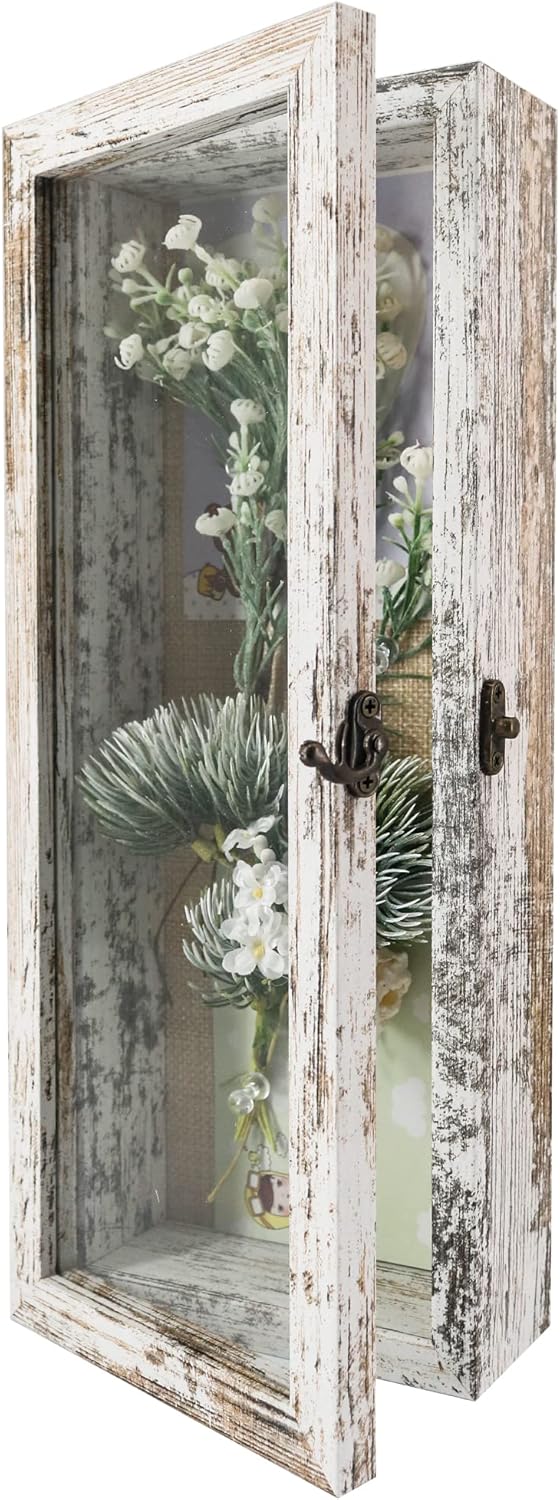 GraduationMall 13x16 Wood Shadow Box Frame Glass Door Display Case with Linen Back and 6 Stick Pins,1.5 inches Interior Depth,Ideal for Memorabilia Pictures Flowers Medals Tickets Rustic White