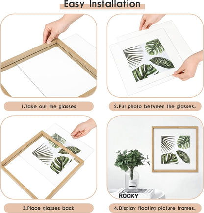 MUYE 11x14 Floating Frame Set of 2,Double Glass Rustic Frame,Display Any Size Photo up to 11x14,Wall Mount or Tabletop Standing,Natural