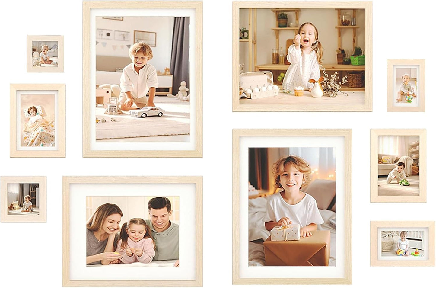 Egofine Picture Frame Set 12 Pack, Picture Frames Collage Wall Decor with Two 11x14, Two 8x10, Four 5x7, Four 4x6 for Wall and Tabletop, Made of Solid Wood, Covered by Plexiglass, Natural Wood