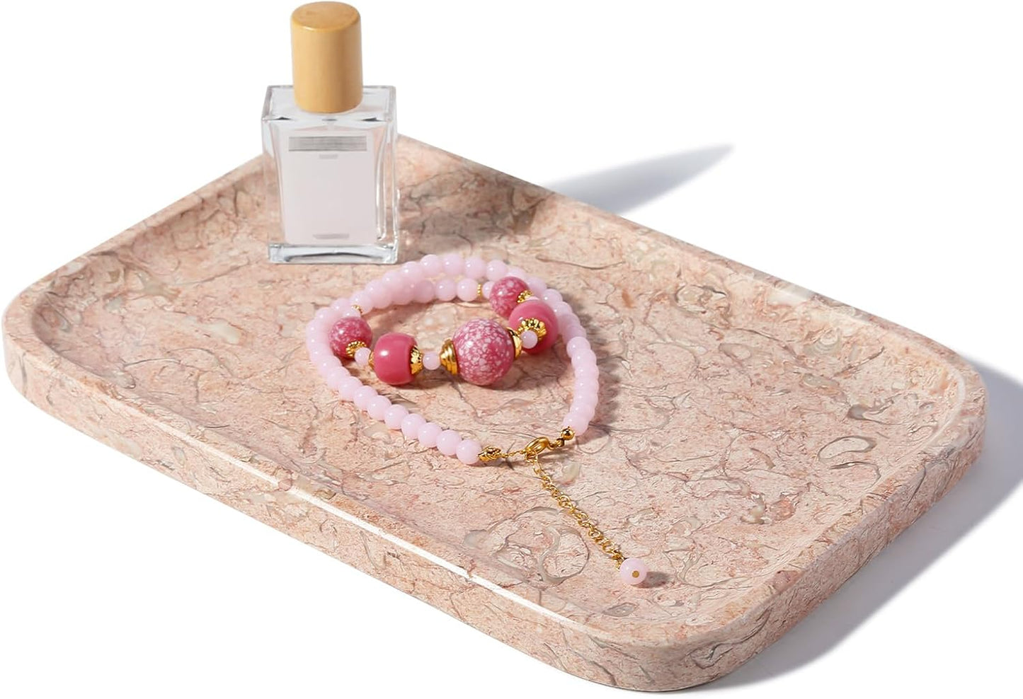 Koville Romano Travertine Tray, 12"x8" Natural Stone Vanity Tray for Countertop Bathroom Kitchen Dresser, Decorative Marble Catchall Trays for Perfume Jewelry, Rectangular Serving Tray(Beige)