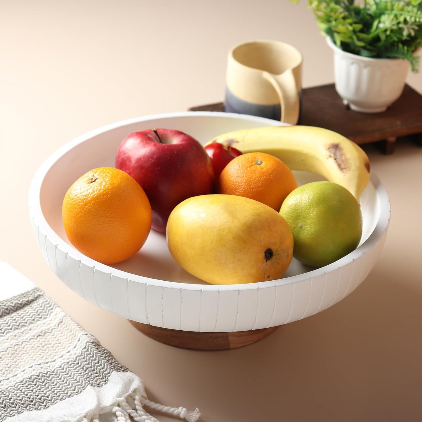 Mango Wood fruit bowl, Decorative black bowl with natural finish pedestal | 12" dia | Dual tone look | Use as Centerpiece for kitchen counter or dining table (Black)