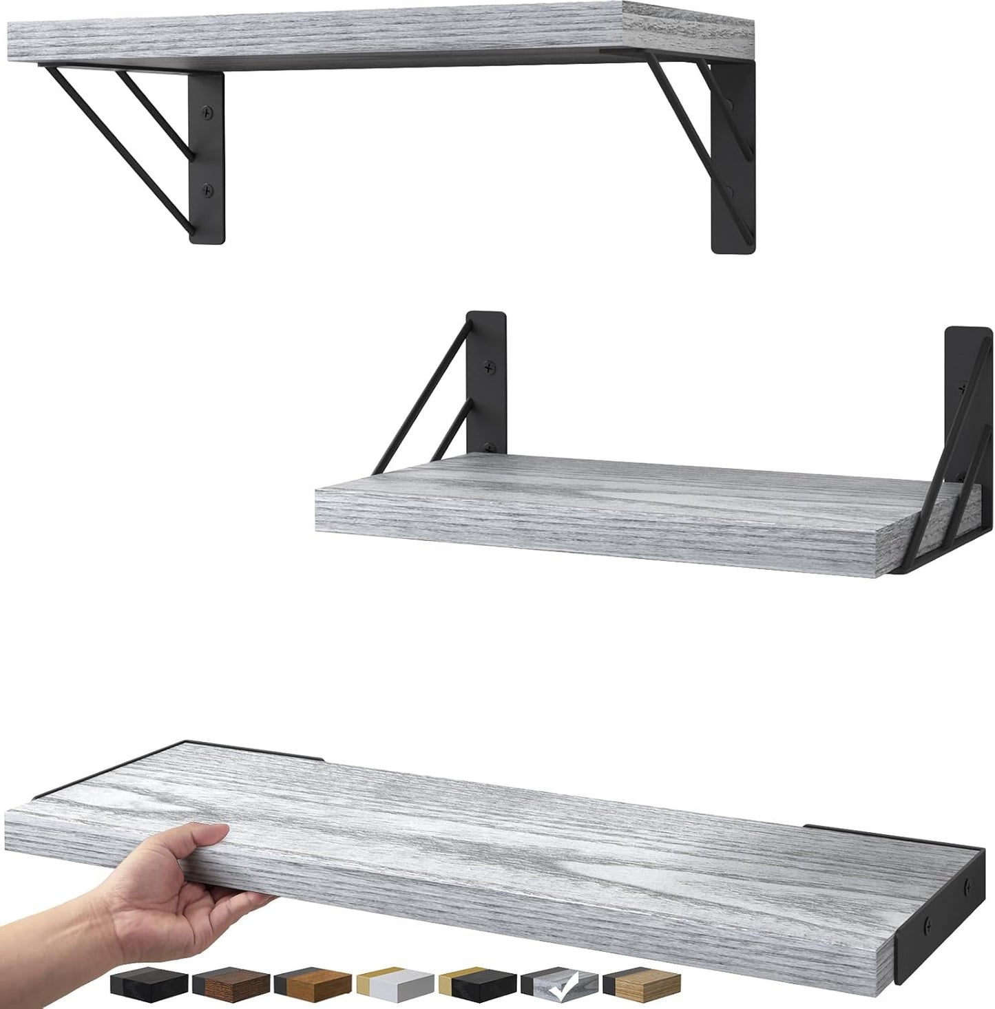 BAYKA Wall Mounted Floating Shelves, Wood Floating Wall Shelf for Books & Decor, Small Space-Saving Display & Organizer（Black，Set of 3）