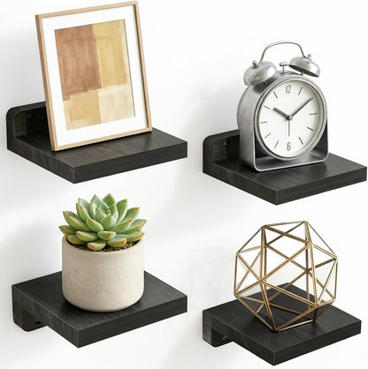 Fixwal Small Shelf for Wall, 5X5 Inches Floating Shelves Set of 4, Rustic Wood Small Wall Mounted Shelves for Bedroom, Living Room, Kitchen, Bathroom Decor (Dark Carbonized Black)