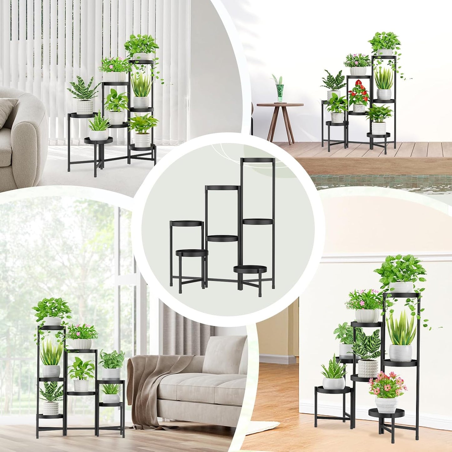 iDavosic.ly Plant Stand Indoor Outdoor, 5 Tier Corner Metal Flower Display Holder Shelf, Folding Tall Orchid Rack for Patio Balcony Porch Garden Living Room House, Black
