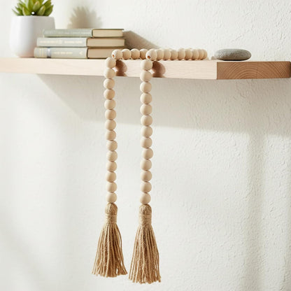 Wood Beads Garland with Tassels 33.86" Table Beads Natural Wooden Prayer Bead Rustic Country Boho Wall Hanging Decor for Boho Farmhouse Rustic Style Table Home Festival Decor