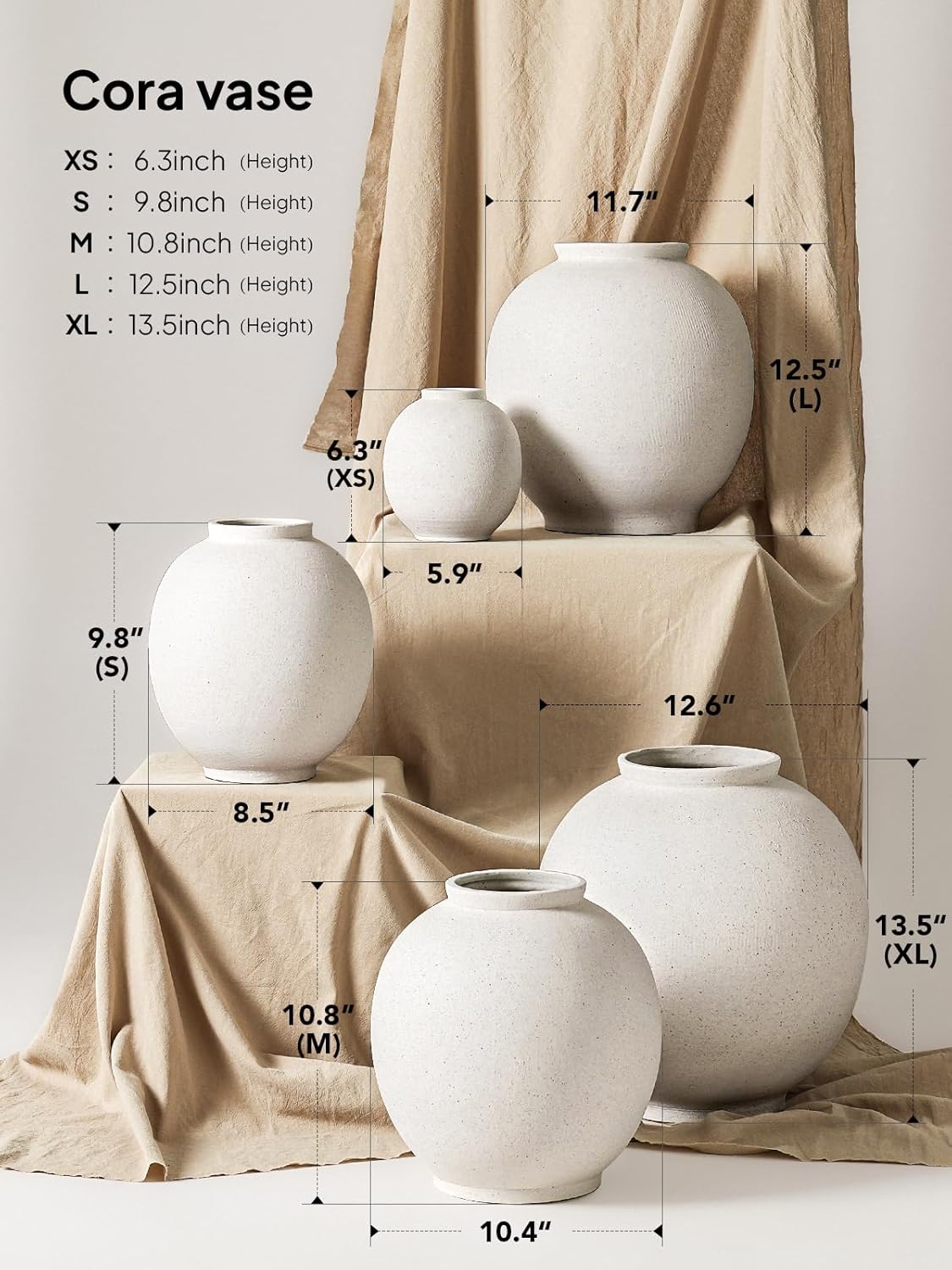 Large White Ceramic Vase - 9.8 Inch Rustic Farmhouse Flower Vase for Home Decor, Minimalist Tall Vases for Living Room, Table, Bathroom, Holiday & Weddings (Sandstone White)