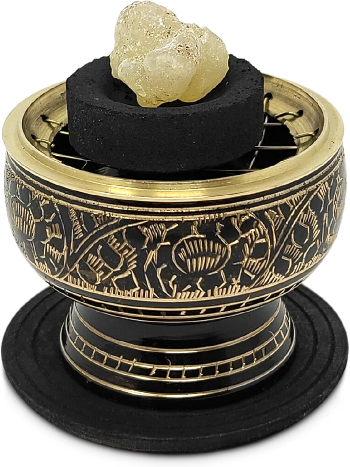 New Age Imports, Inc. India Small Decorated Brass Charcoal Screen Incense Burner with Wooden Coaster