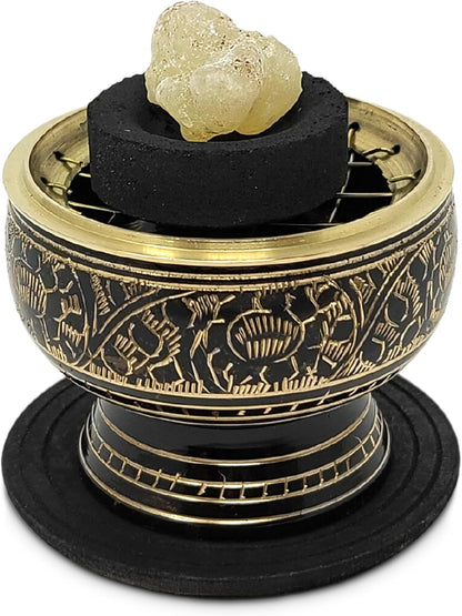 New Age Imports, Inc. India Small Decorated Brass Charcoal Screen Incense Burner with Wooden Coaster