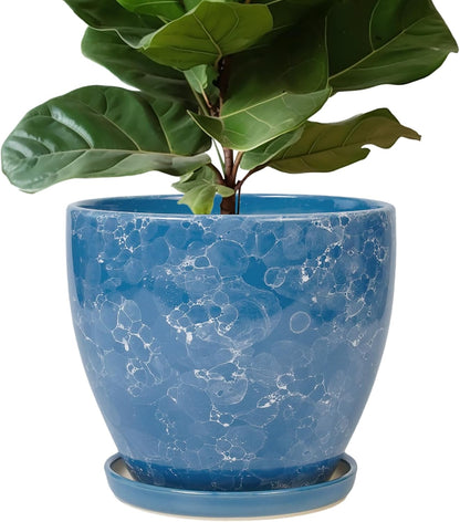 10 Inch Ceramic Planter Pot Round Plant Pot for Indoor Plants Outdoor Large Flower Pot with Drainage Hole and Saucer Blue
