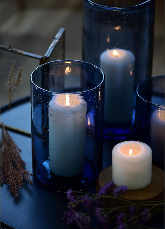 Hurricane Candle Holders for Pillar Hand Blown Glass Cylinder Vases Table Centerpiece Bulk Room Decor Clear Seeded Bubbles Living Dining Kitchen Island 10" 7" 4" Set of 3