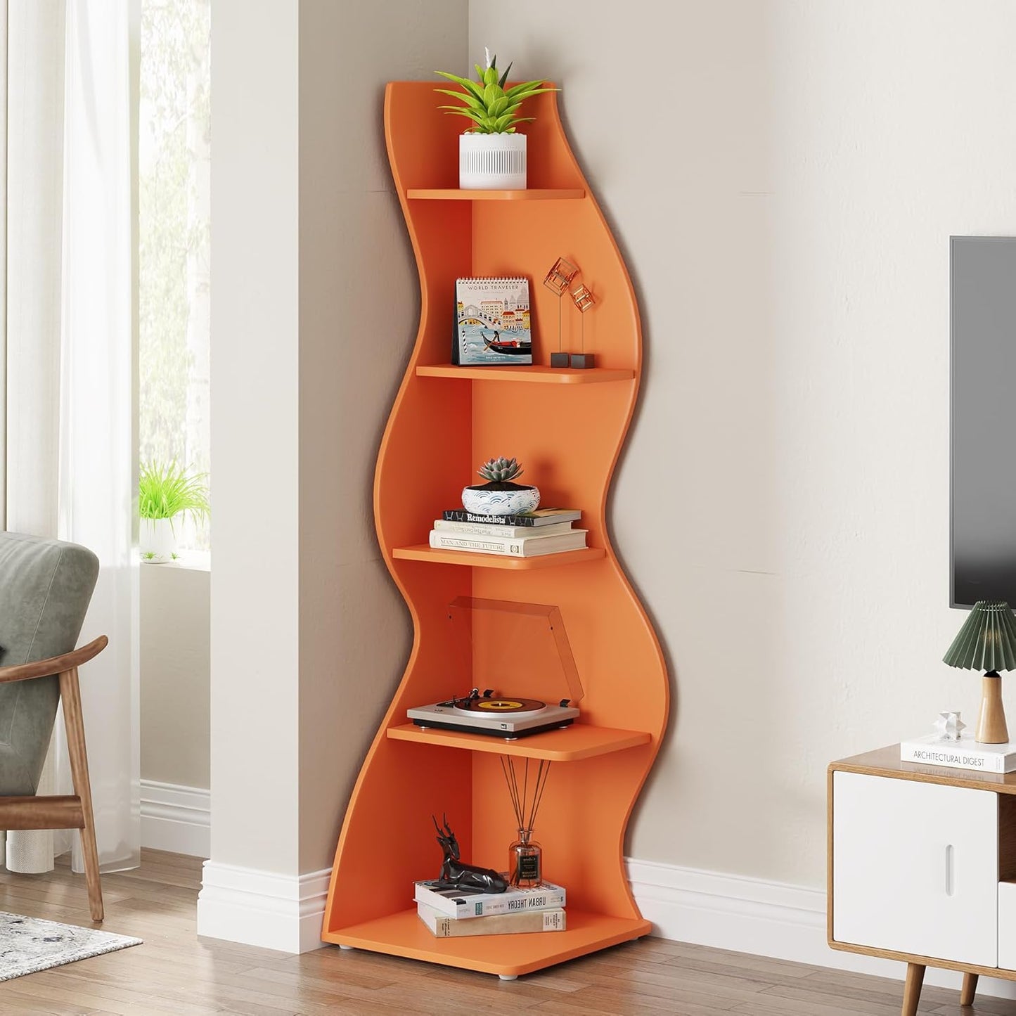 Tribesigns Corner Shelf, Modern 5-Tier Wall Corner Bookshelf, Stylish Corner Small Bookcase Storage Rack Plant Stand with Unique Shape for Living Room, Home Office (White, 1PC)