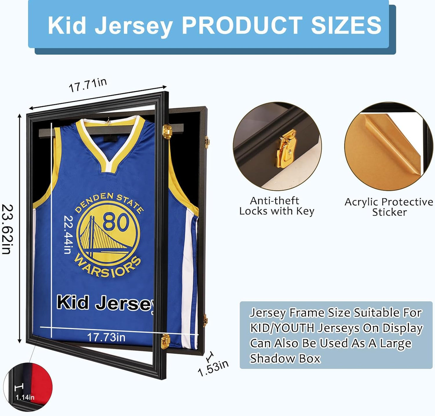 Large Lockable Jersey Frame Display Case Wall Mount, T-Shirt Shadow Box with Clear UV-Protective Acrylic, Hangers Linen Backing for Football, Basketball, Baseball