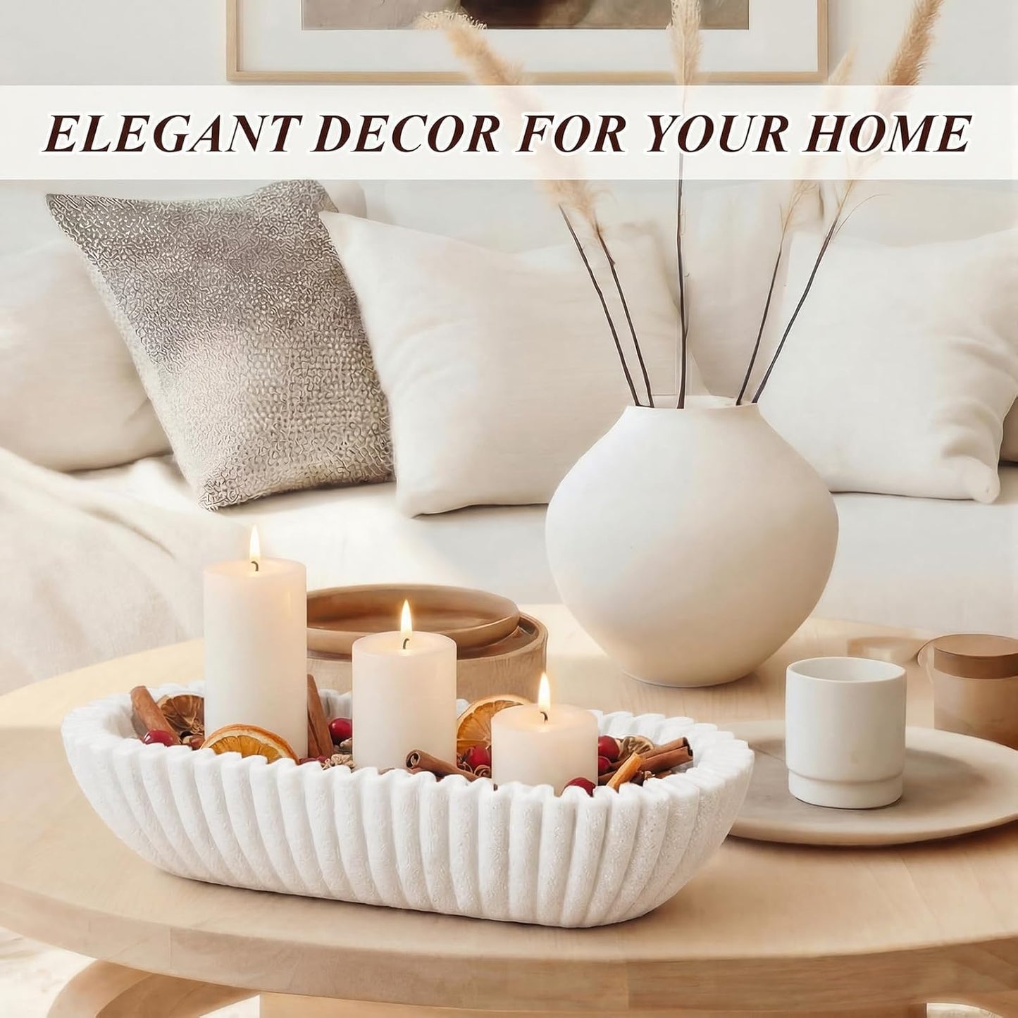 Large Decorative Bowl for Home Decor Long Dough Key Bowls Coffee Table Decor Centerpiece White Ruffle Scalloped Resin Modern Handicraft Bowl for Kitchen Counter Farmhouse Entryway