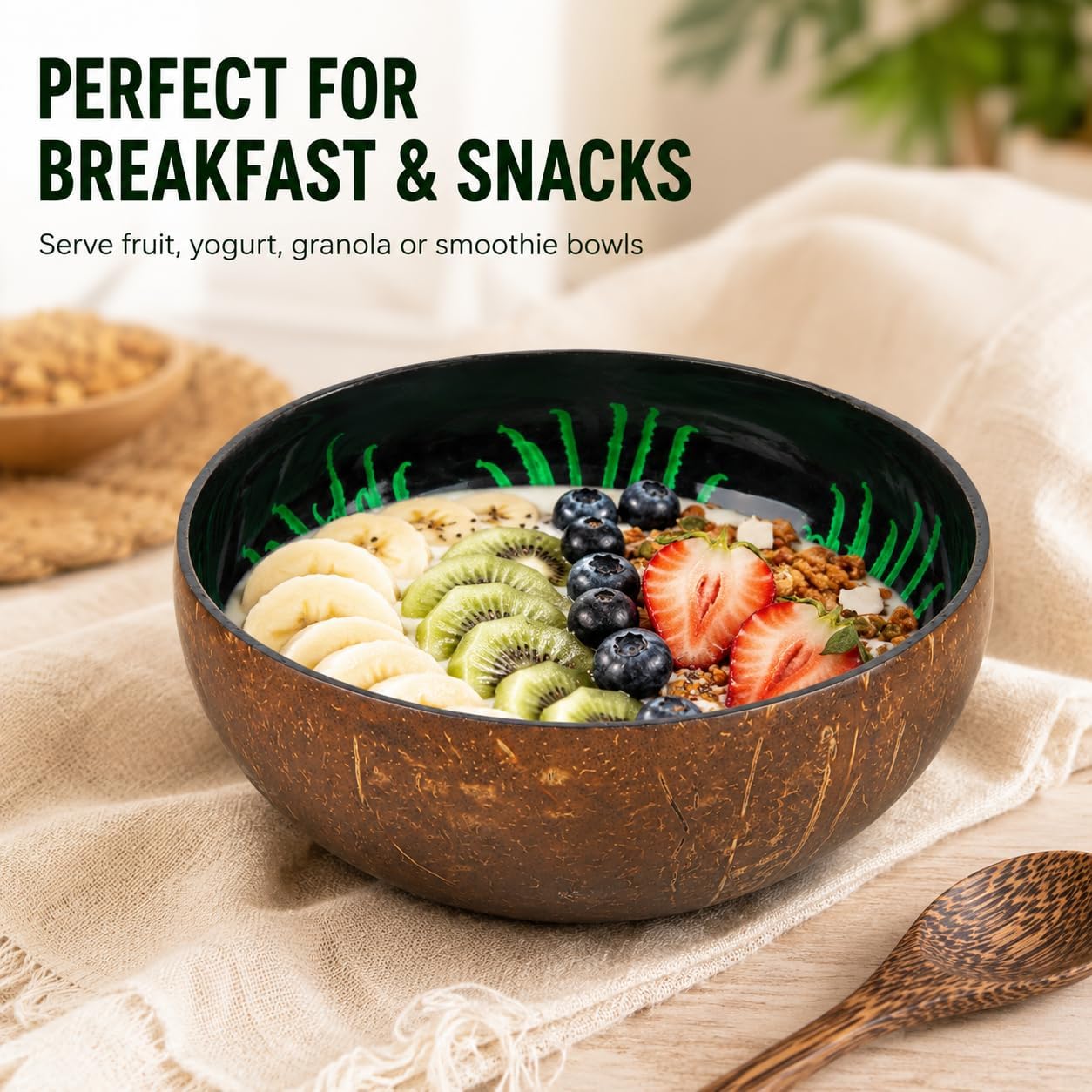 ChezMax Natural Coconut Bowl with Mother of Pearl Inlays - Key Bowl & Fruit Snack Holder (Blue-Gold)