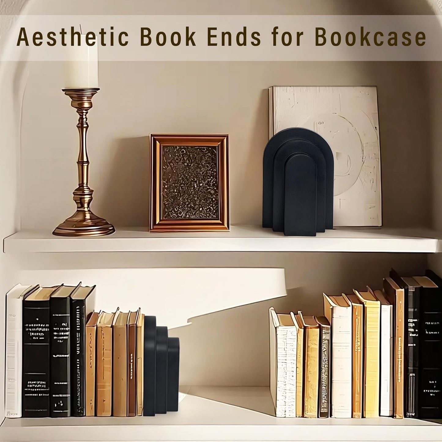 LIN CHUAN Heavy Duty Bookends for Shelves, 6.6 LBS Heavy Book Ends for Heavy Books, Decorative Modern Bookends with Faux Sandstone Look, Layered Arch Book Stopper for Bookshelf Holder Set of 2, Beige