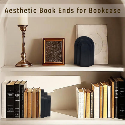LIN CHUAN Heavy Duty Bookends for Shelves, 6.6 LBS Heavy Book Ends for Heavy Books, Decorative Modern Bookends with Faux Sandstone Look, Layered Arch Book Stopper for Bookshelf Holder Set of 2, Beige