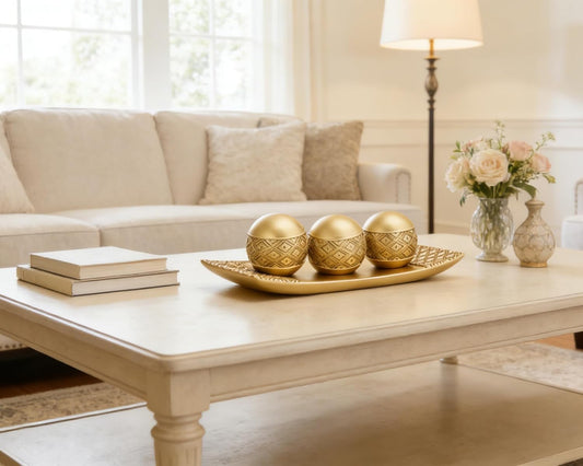 Gold Decorative Orbs with Tray Set, 3Pcs Resin Decorative Balls with Tray, Modern Accent Sphere for Coffee Table, Dining Table, Living Room, Entryway