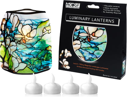 MODGY Luminary Lanterns Candle Holder Decorative Indoor Outdoor Decor, Plastic Candle Lantern Lamps for Wedding Table Centerpiece Porch 4-Pack, with Flameless Floating LED Candles Magnolia